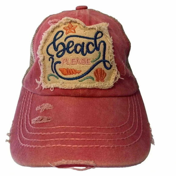 C C Beach Please Women Cap Hat Pink Beige Mesh Distressed Adjustable Barbiecore - Picture 1 of 13
